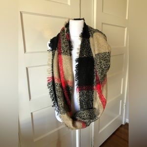 Plaid Infinity Scarf with short fringe pink black and tan soft fall winter